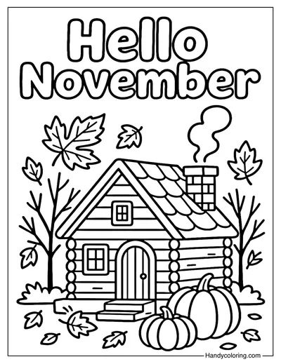 Cozy Cabin Hello November Coloring Page