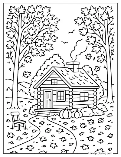 Cozy Cabin in September Forest Coloring Page