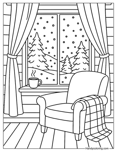 Cozy Cabin Window Snowfall Coloring Page