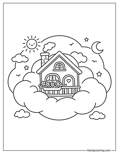 Cozy Cloud House with Balcony Coloring Page