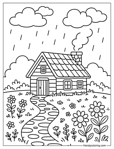 Cozy Cottage in Rainy Meadow Coloring Page