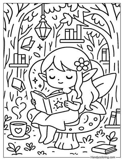 Cozy Fairy Reading Coloring Page