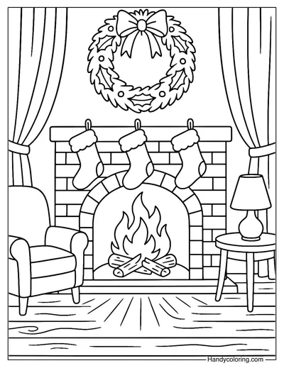 Cozy Fireplace Christmas Coloring Page