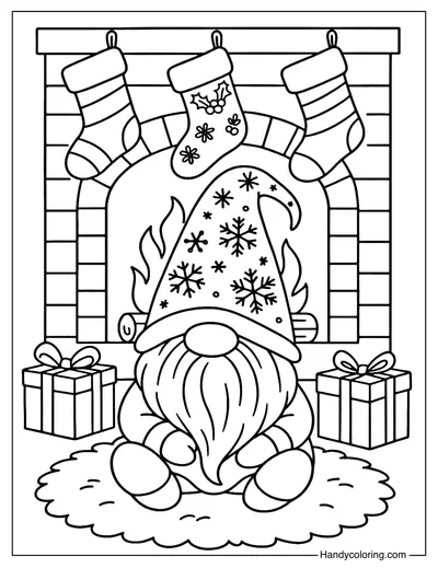 Cozy Fireplace Christmas Gnome Coloring Page