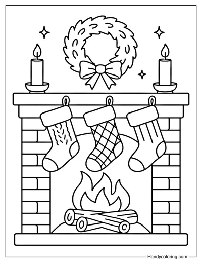 Cozy Fireplace Stockings Coloring Page