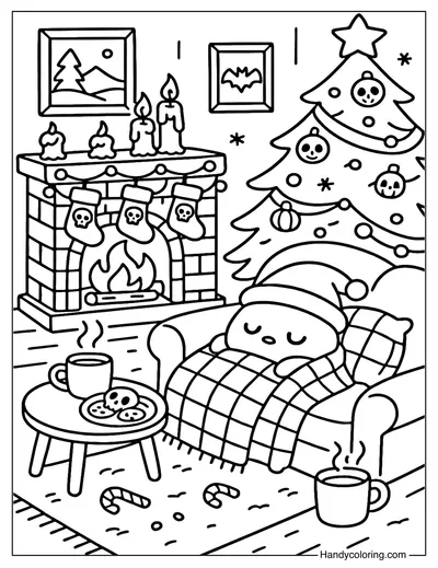 Cozy Ghost Christmas Nap Coloring Page