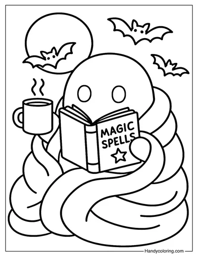 Cozy Ghost with Book Coloring Page