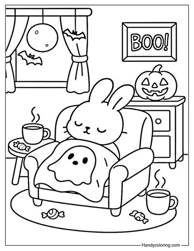 Cozy Halloween Nap Bunny Coloring Page