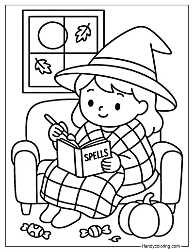 Cozy Halloween Reading Witch Coloring Page