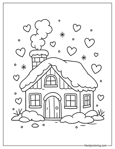 Cozy House with Hearts Coloring Page