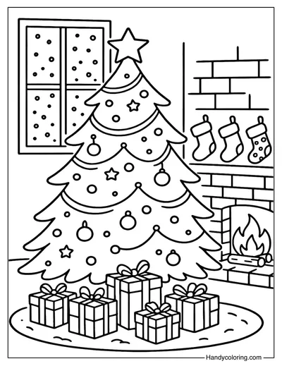 Cozy Living Room Christmas Tree Coloring Page