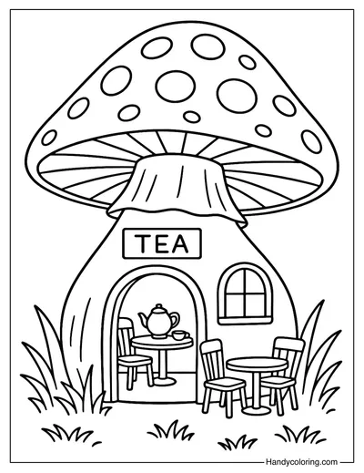 Cozy Mushroom Tea House Coloring Page