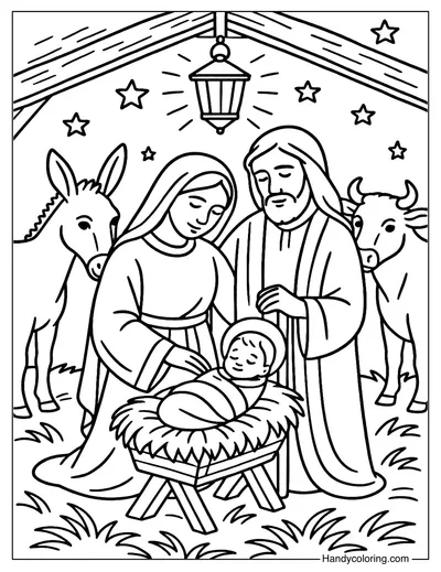 Cozy Nativity Scene Coloring Page