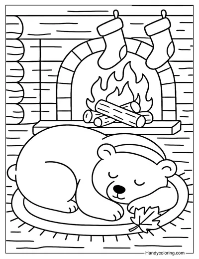 Cozy Polar Bear by Fireplace Coloring Page