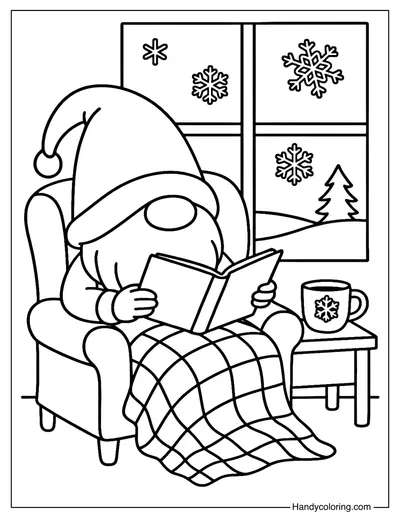 Cozy Reading Christmas Gnome Coloring Page