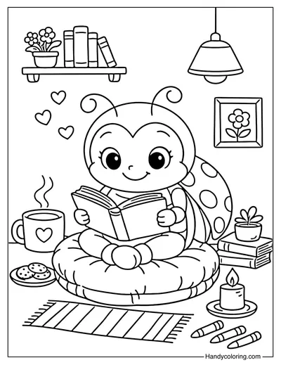 Cozy Reading Ladybug Coloring Page