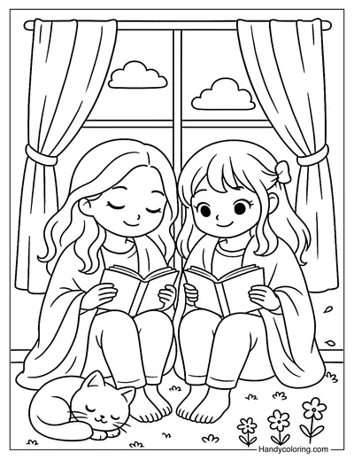 Cozy Reading Together Coloring Page