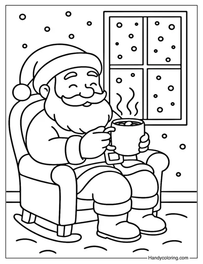 Cozy Santa with Hot Cocoa Coloring Page