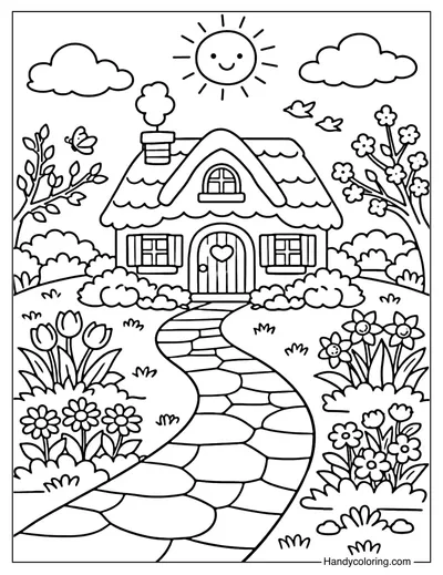 Cozy Spring Home Coloring Page