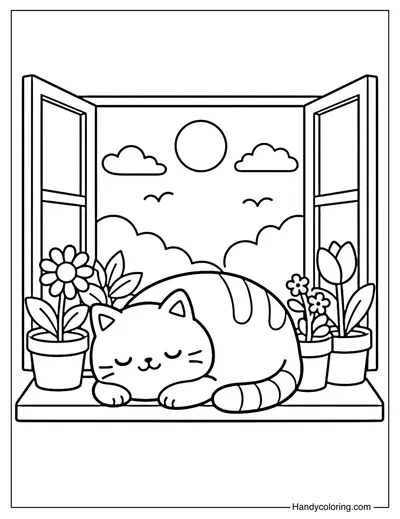 Cozy Spring Window Cat Coloring Page
