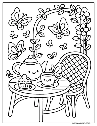 Cozy Tea Party in the Butterfly Garden Coloring Page