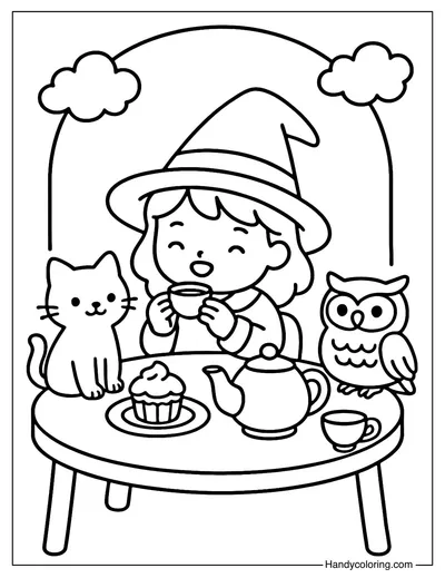 Cozy Witch Tea Party Coloring Page
