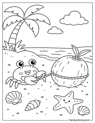 Crab Pulling A Coconut On The Sand