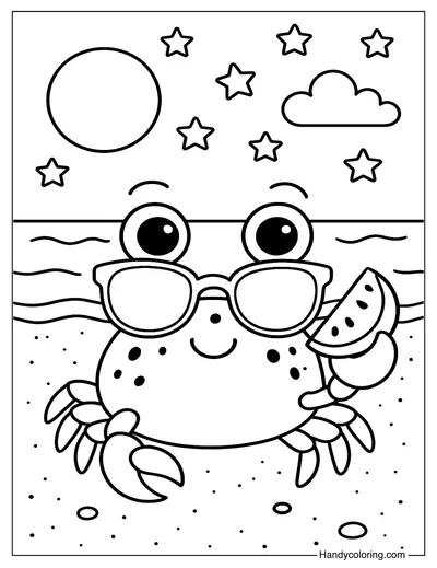 Crab with Sunglasses at the Beach Coloring Page