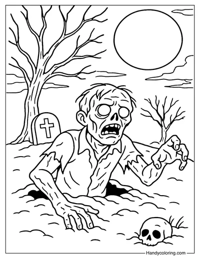 Creepy Cemetery Zombie Coloring Page
