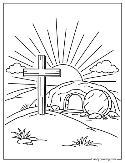 Cross with Empty Tomb and Sunrise Coloring Page