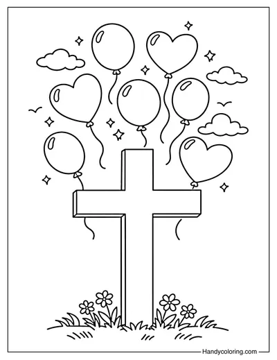 Cross with Floating Balloons