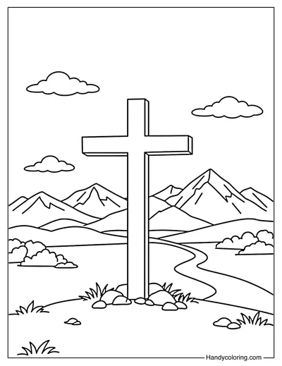 Cross with Mountains Coloring Page