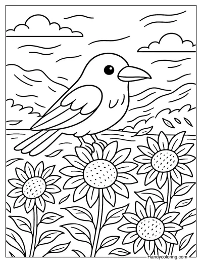 Crow and Sunflowers Coloring Page