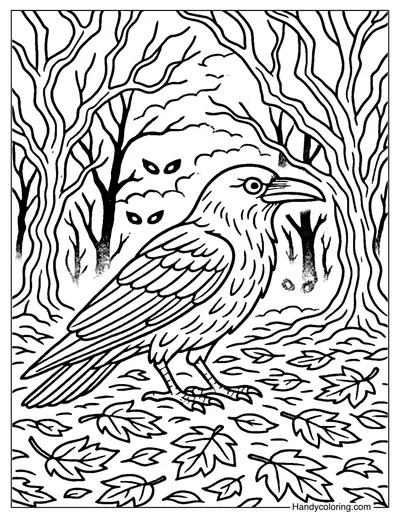 Crow in Dark Forest Coloring Page