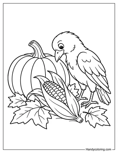 Crow Standing with Pumpkin and Corn
