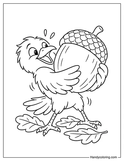 Crow Trying to Hug a Giant Acorn