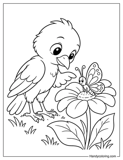 Crow Watching a Butterfly on a Flower