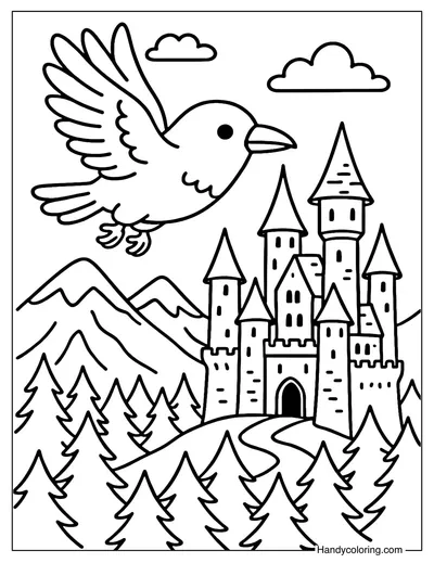 Crow with Castle Coloring Page