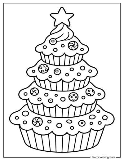 Cupcake Christmas Tree Coloring Page