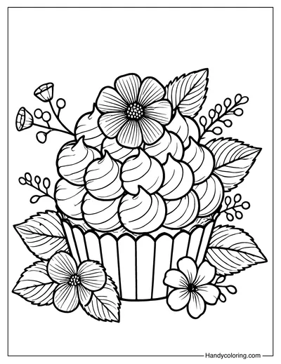 Cupcake Coloring Page with Flowers and Leaves