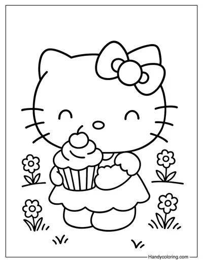 Cupcake Hello Kitty Coloring Page