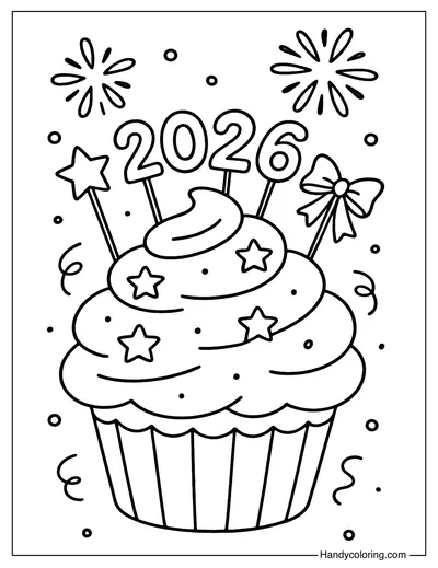Cupcake New Year 2026 Coloring Page