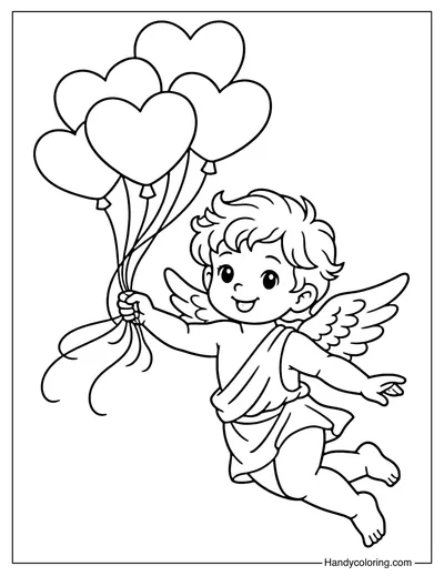 Cupid And Heart Balloons Coloring Page