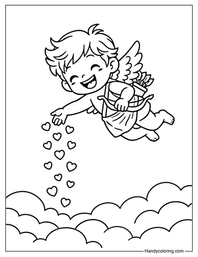 Cupid Dropping Heart Rain Coloring Page