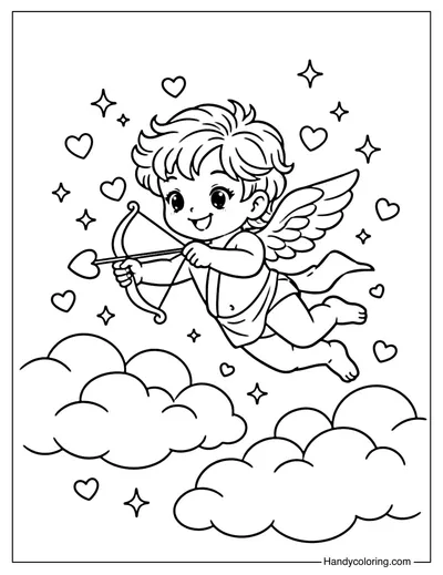 Cupid Flying Through Clouds Coloring Page