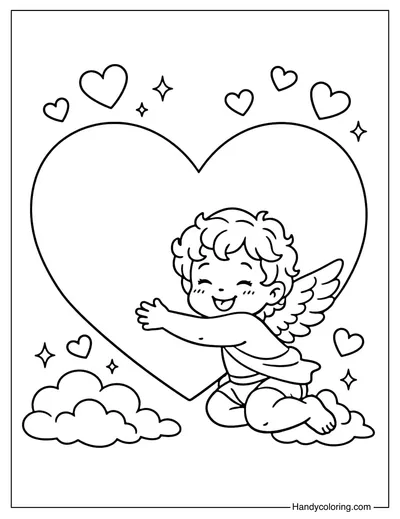 Cupid Hugging Heart Coloring Page