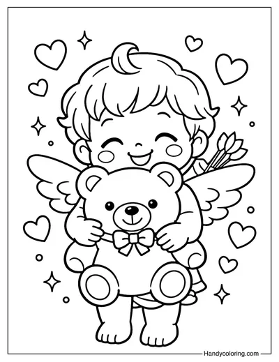 Cupid Hugging Teddy Bear Coloring Page