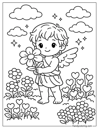 Cupid In Flower Garden Coloring Page