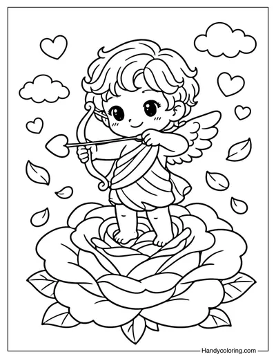 Cupid On Rose with Heart Arrow Coloring Page