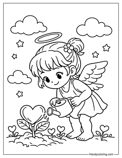 Cupid Planting Rose Hearts Coloring Page